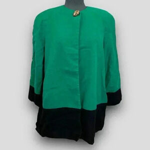 Louben Wool Jacket Vintage Canada Made Green Black Trim Shoulder Pads Retro